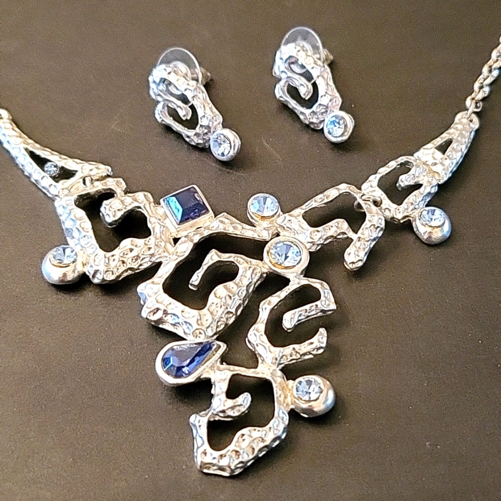 NEW Silver Statement Necklace & Earrings Set, Blue Crystals